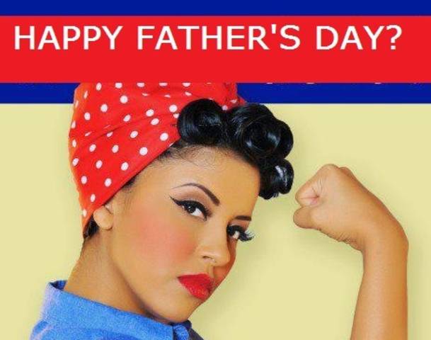 photo- black woman in rosy-the-rivetter pose and dress under a happy father's day banner